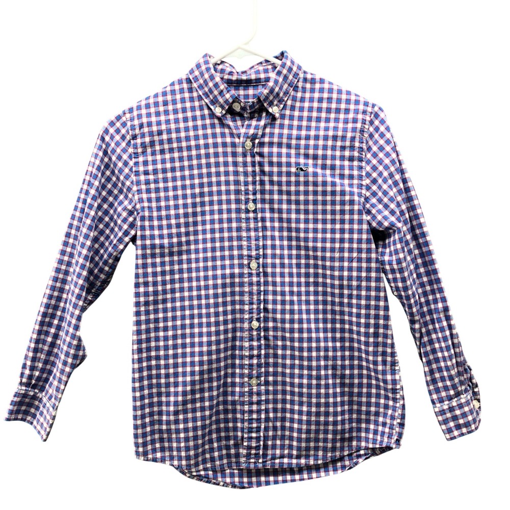 Vineyard Vines Whale Shirt Boys S (8-10) Long Sleeve Blue Pink Check Button Down